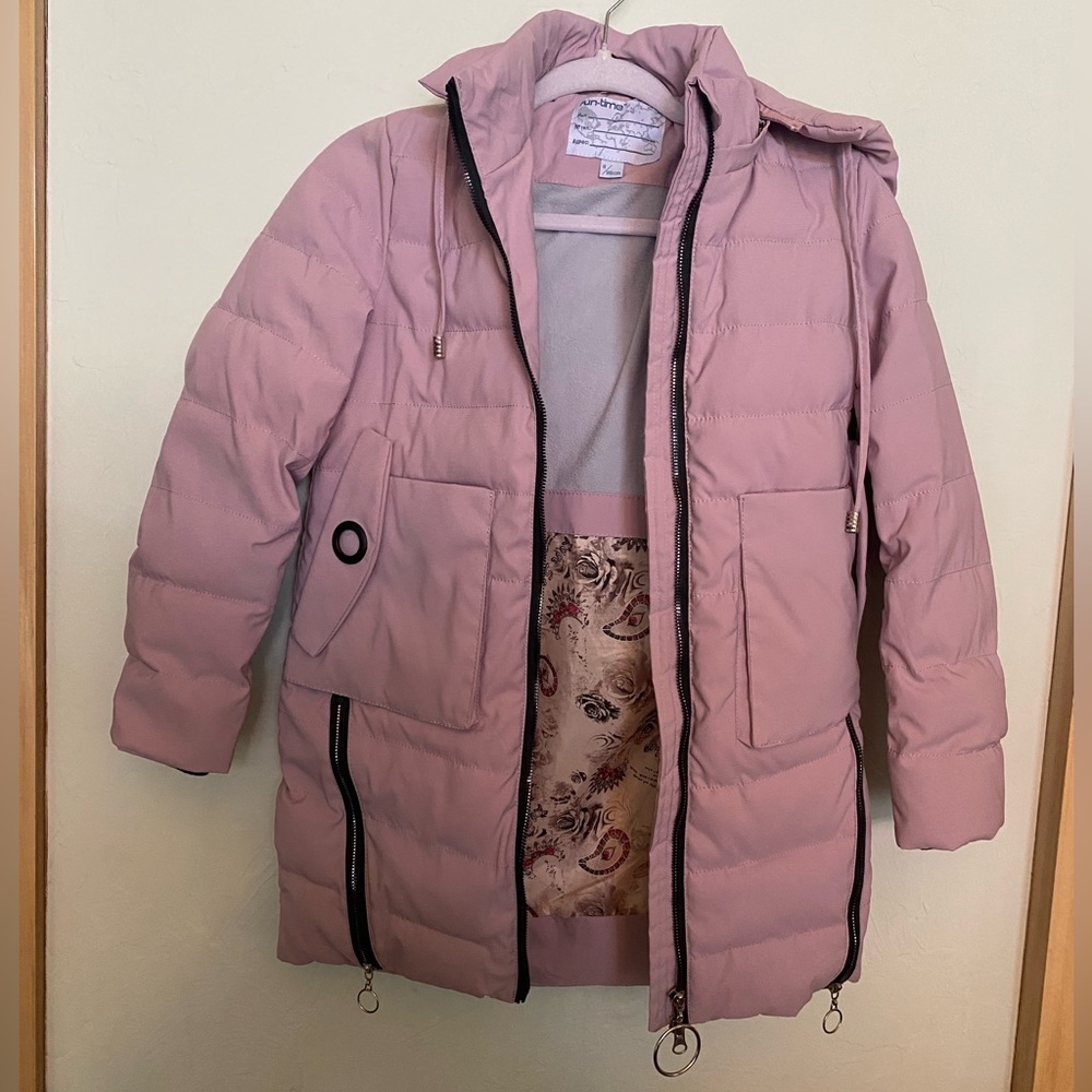 girls rose pink puffer jacket from russia